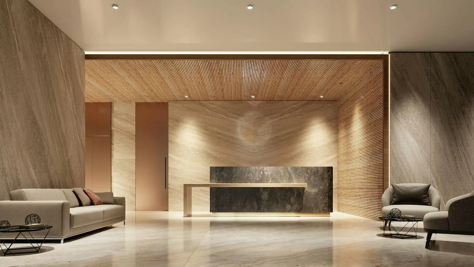 A modern office lobby with a reception desk