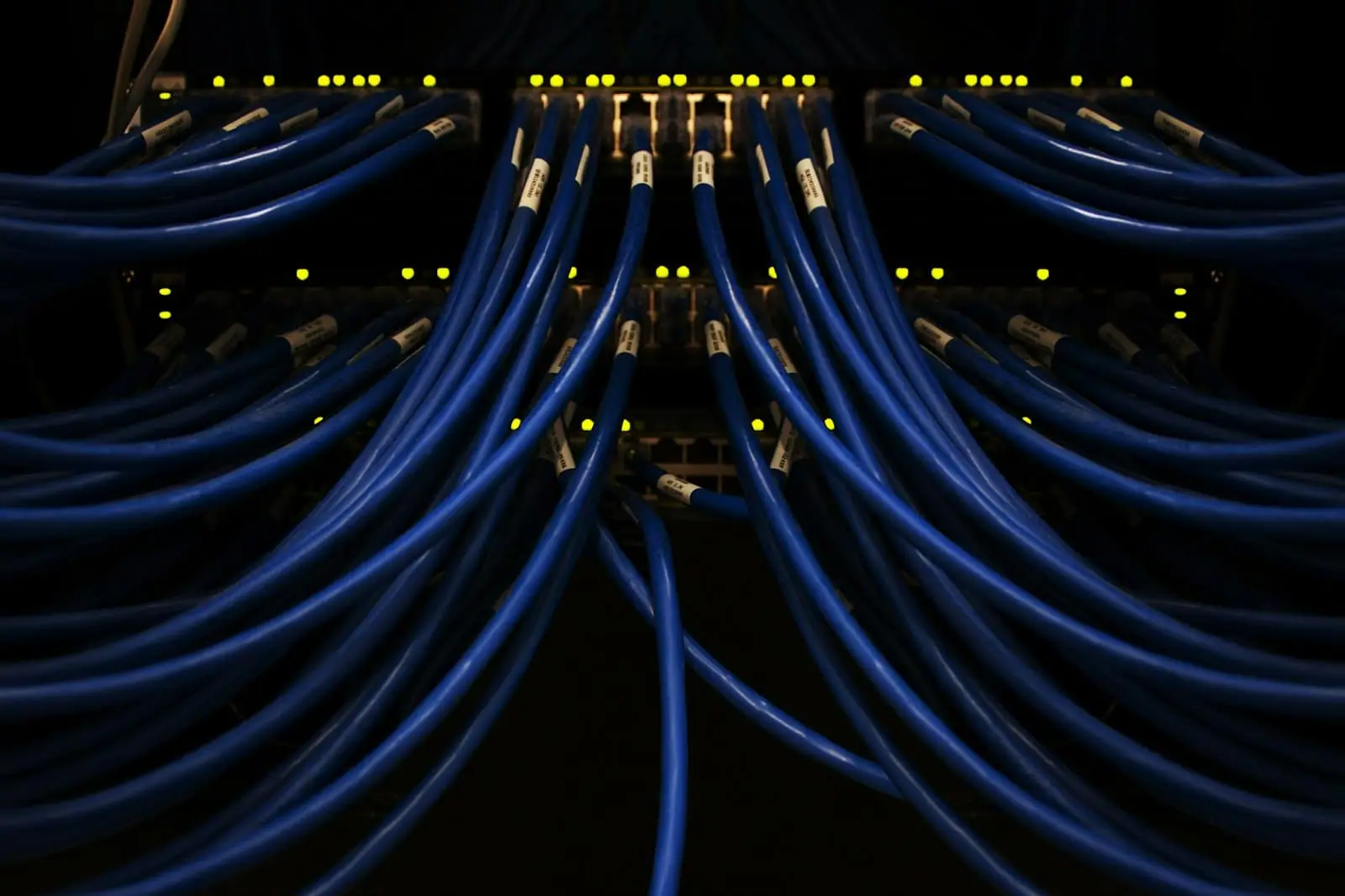 Network cables connected to switches in a server rack